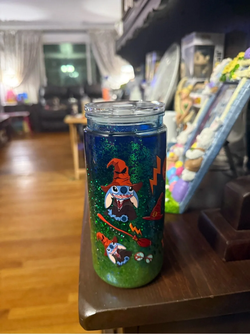 Stitch-themed Glitter Travel Tumbler in Green and Blue